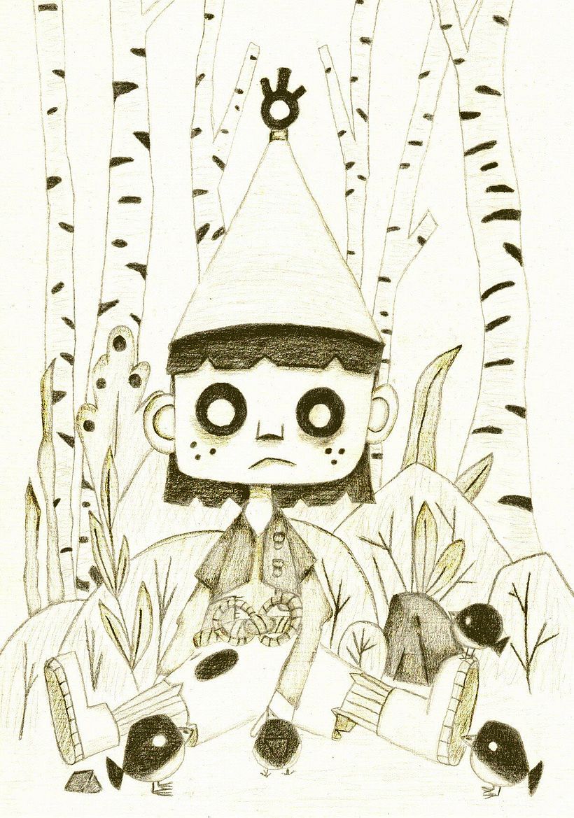 Hansel se da cuenta de que los pájaros se han comida las migas 