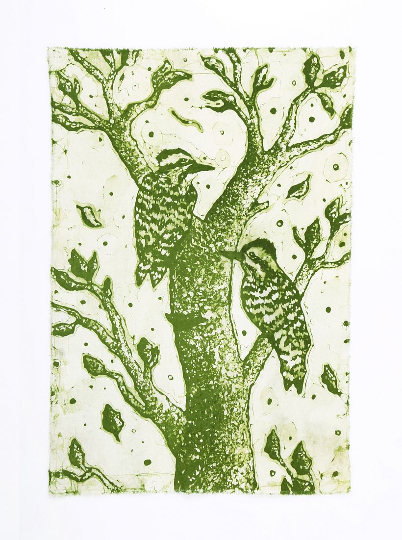 Carpinteritos, batik por inmersión sobre algodón.