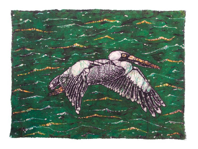 Pelicano, batik por inmersión y teñido directo.