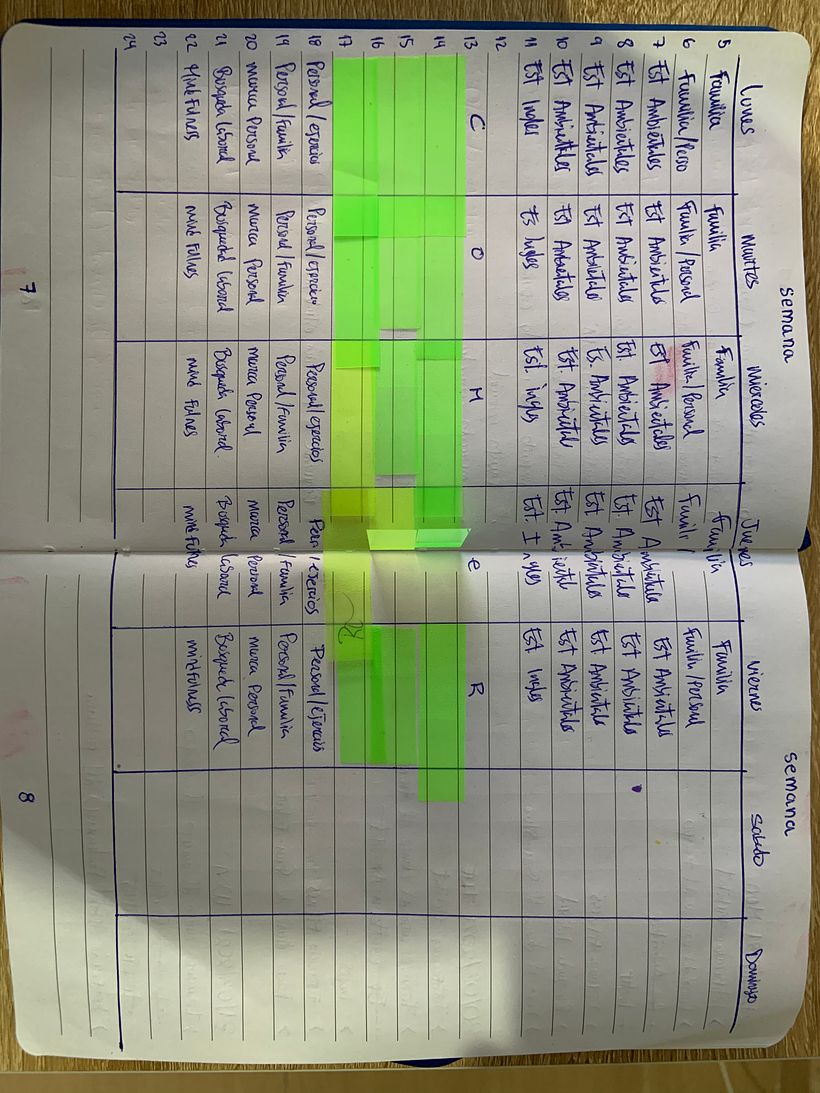 Horario semanal ideal hecho dentro del BuJo
