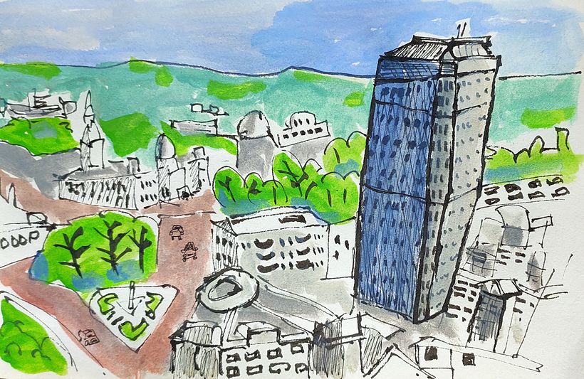 Cardiff city centre with city hall and HIlton hotel, 21 x 14 cm