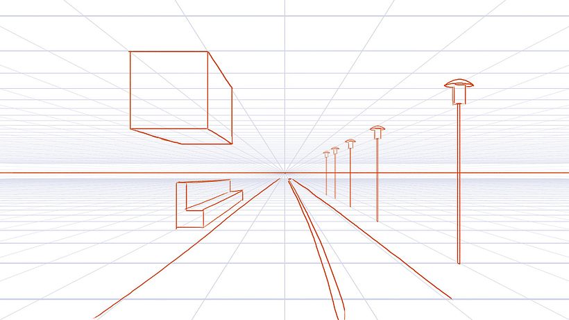 Architectural perspective drawing using one vanishing point.