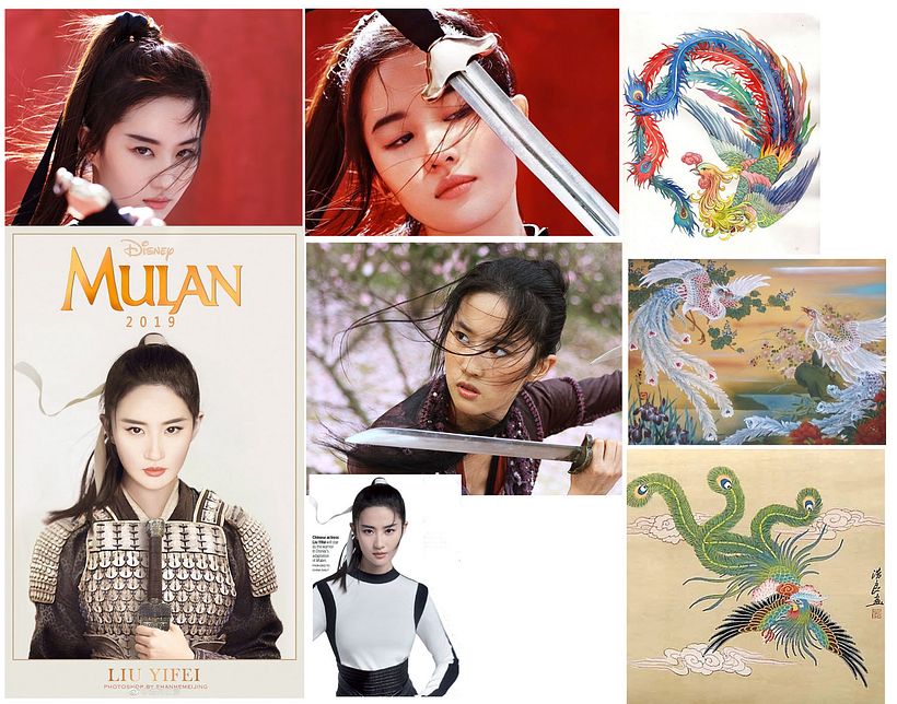 1. Moodboard and image references of the actress Liu Yifei (from Mulan) and some phoenixes.