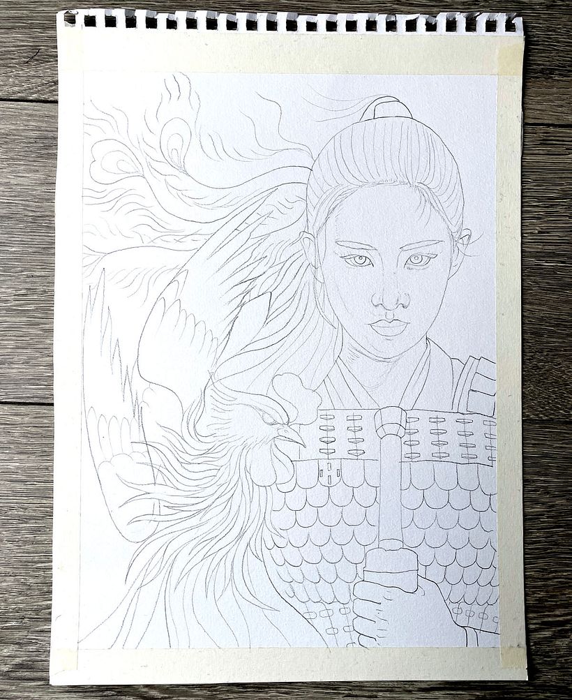 2. I wanted to merge the phoenix with the actress, this is my base pencil drawing sketched into Mixed Media Paper.