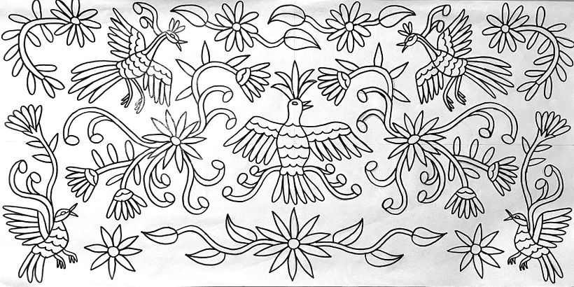 Diseño original inspirado en los dibujos otomí mexicanos, hecho a mano alzada con plumón en papel mantequilla.