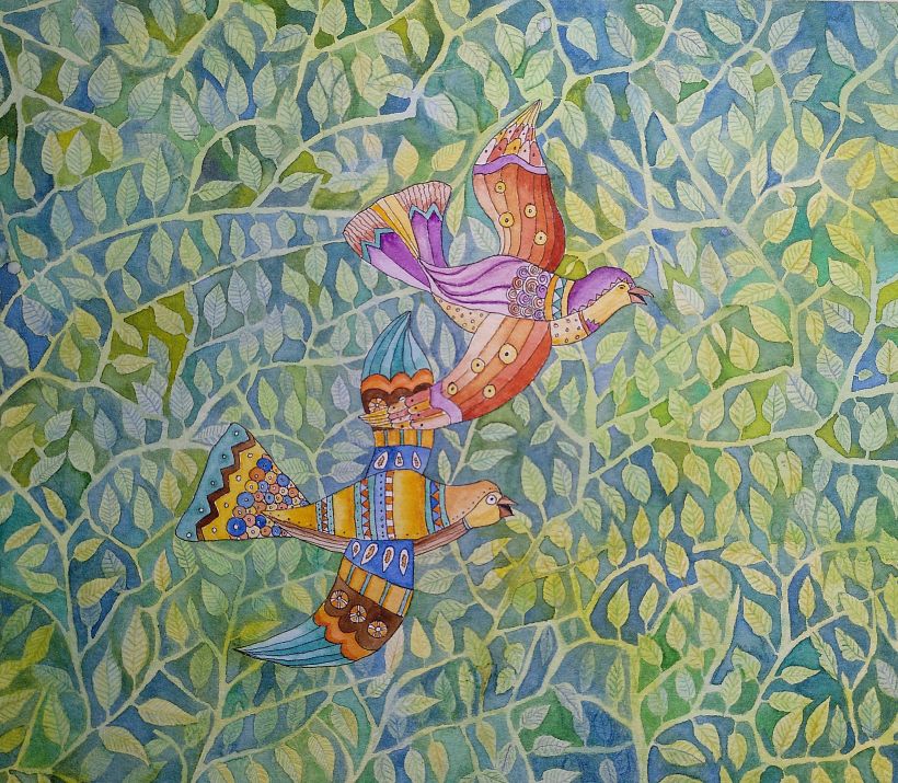 "Pájaros de la paz". Acuarela en negativo
