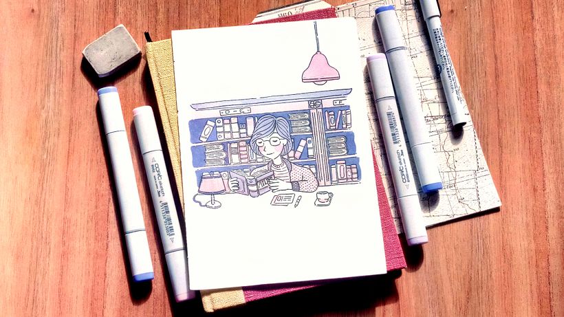 Ilustración tradicional realizada con marcadores.