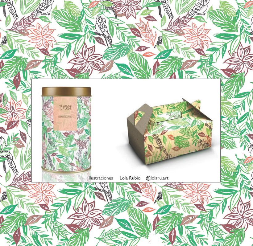 Estampado tropical, con motivos florales a color y loros en banco y negro. Aplicado a productos de packaging. 