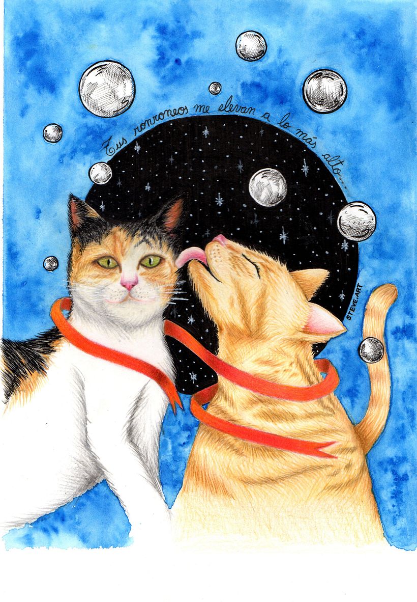 Ilustración romántica. "Tus ronroneos me elevan a los mas alto"