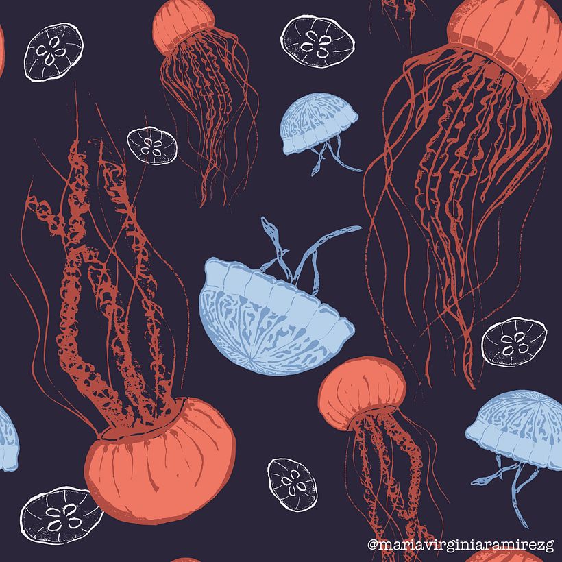 Muster 2: Qualle. Gemischte Medien: schwarze Tuschezeichnung auf Aquarellpapier und Farbe in Affinity Photo.