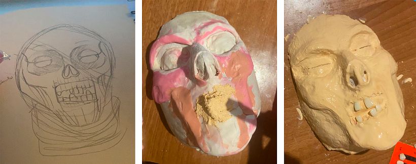 El boceto / La base de los rasgos principales en plastilina / La prótesis terminada aún húmeda