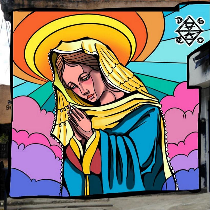 mural de arte urbana, ilustração de nossa Senhora, inspirada em artes vitrais de igrejas, para painel da ONG JD. São Luis