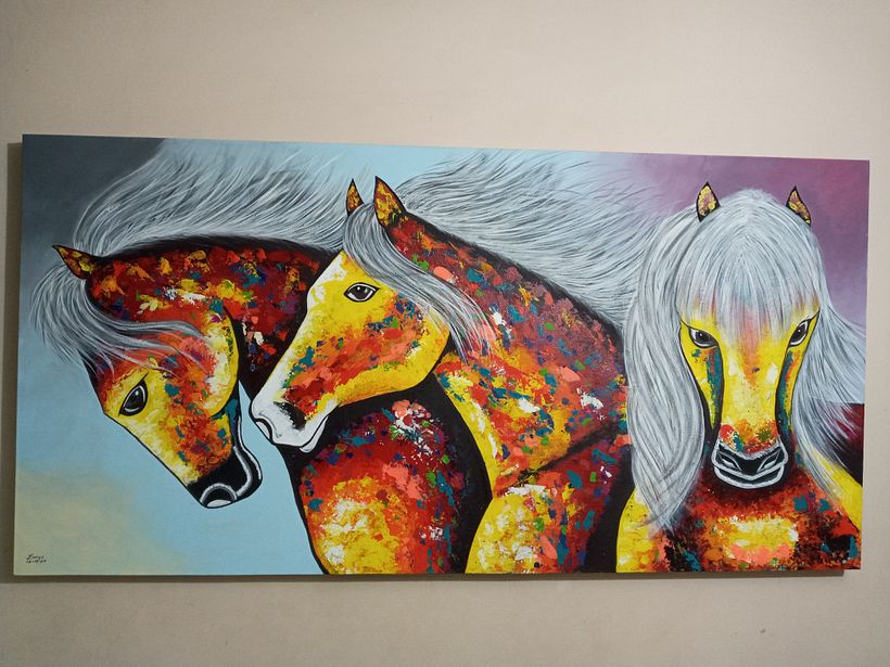 Familia Caballos Pintado con Acrilico y técnica espatulado 