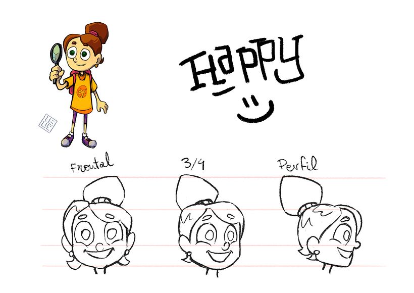 Turnaround da cabeça com a expressão e feliz.