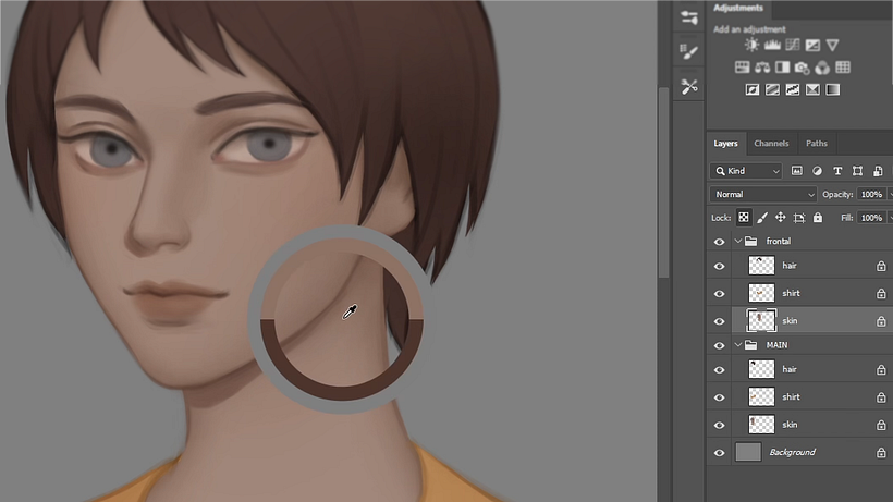 Select a darker tone to define the shadow line, always following the reference