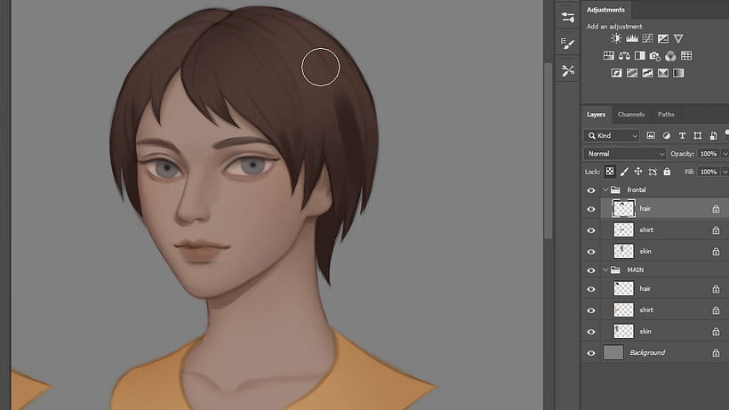 Add shadows to the hair in the same way as you did to the skin