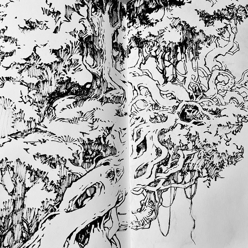 Day 1.   For the first day, I decided to draw a web of trees with a brush pen! 