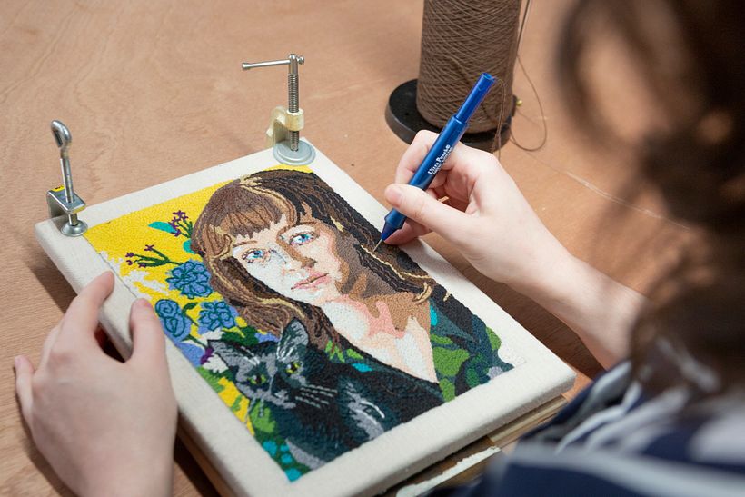 Camille creates textured works of art taking advantage of the Bezold Effect.