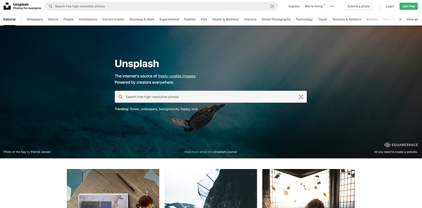 Unsplash é um banco de imagens gratuito