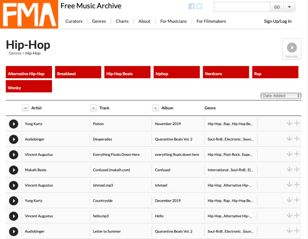 Resultados com o filtro hip-hop no Free Music Archive
