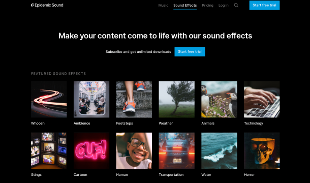 Categorias de efeitos sonoros do Epidemic Sound