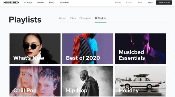 Diferentes playlists criadas pelo Musicbed