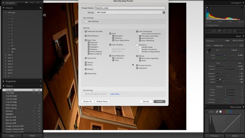 Clique em Criar para salvar o arquivo de preset