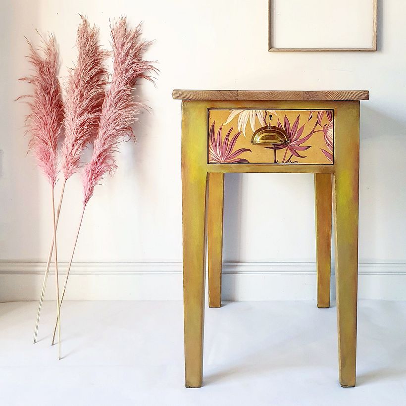 English Yellow Rustic Table/ Distressed Palms drawer