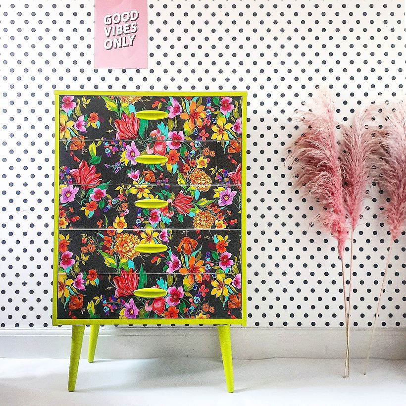 Neon Yellow Mid Century Drawers/ Rainbow Flower Decoupage