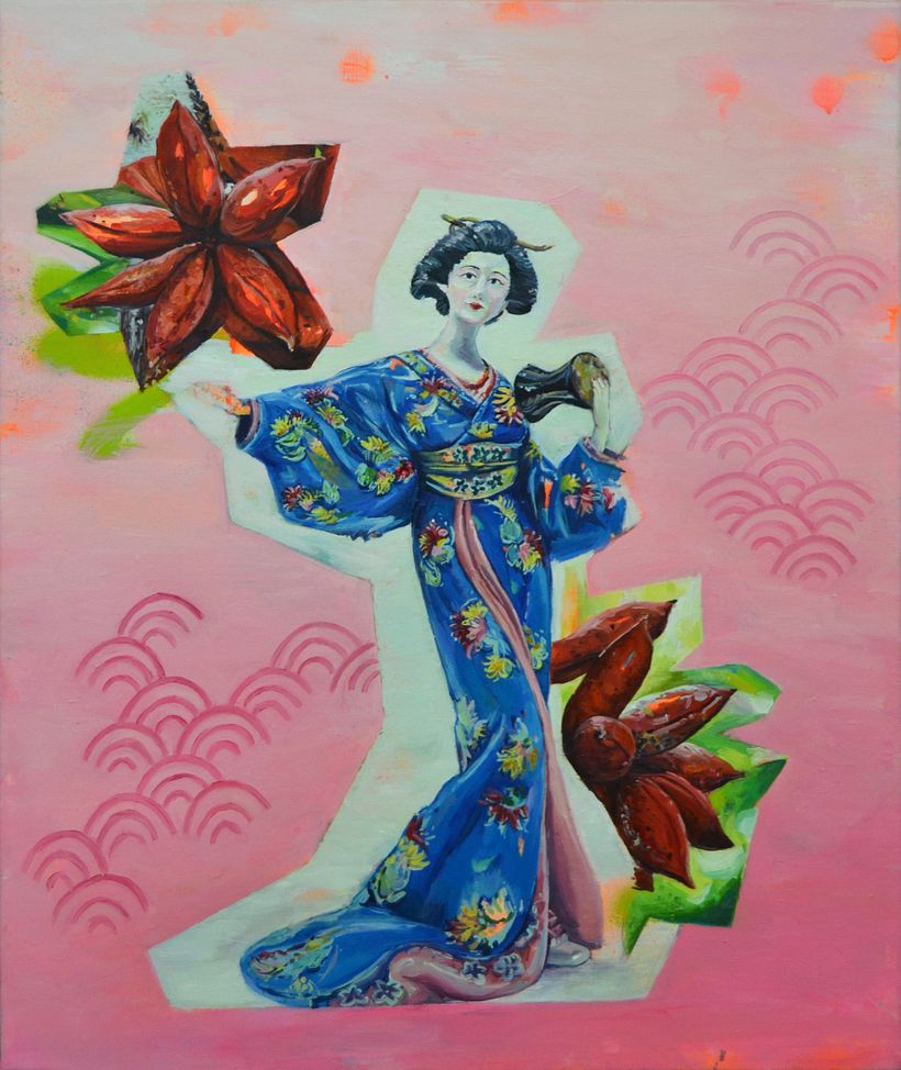 "La patrona de los artistas: la diosa Benzaiten", 2019. Óleo, acrílico y spray sobre lienzo. 73x61 cm.