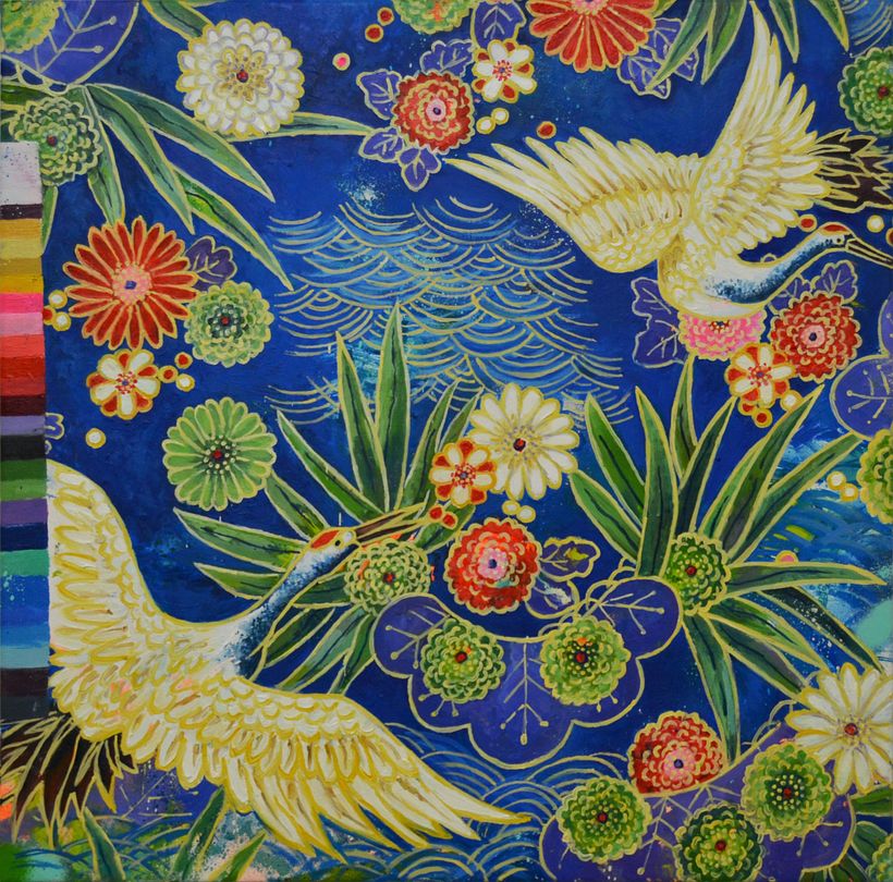 "Muestrario I-Japanese floral blue with cranes", 2019. Óleo, acrílico y spray sobre lienzo. 50x50 cm.