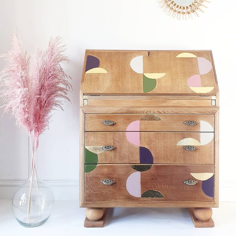 Deco stripped Oak Bureau & Semi Circles