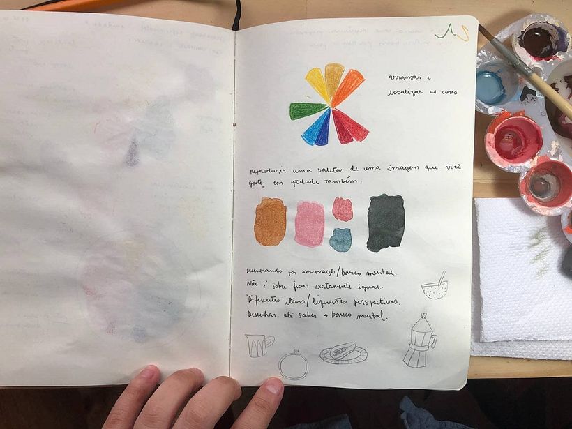 Fiz anotações e reproduzi a paleta de cores de uma ilustração da Brunna Mancuso.