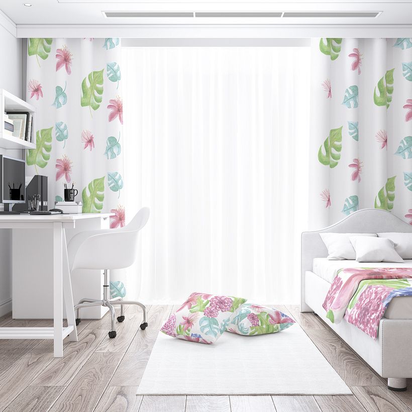 Aplicación textil en cortinas, cojines y colcha