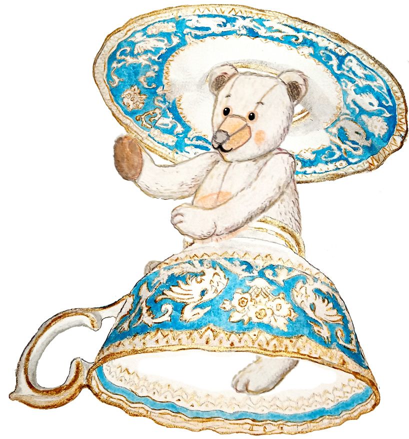 Antique Teddy Bear wearing elaborate teacup and saucer.