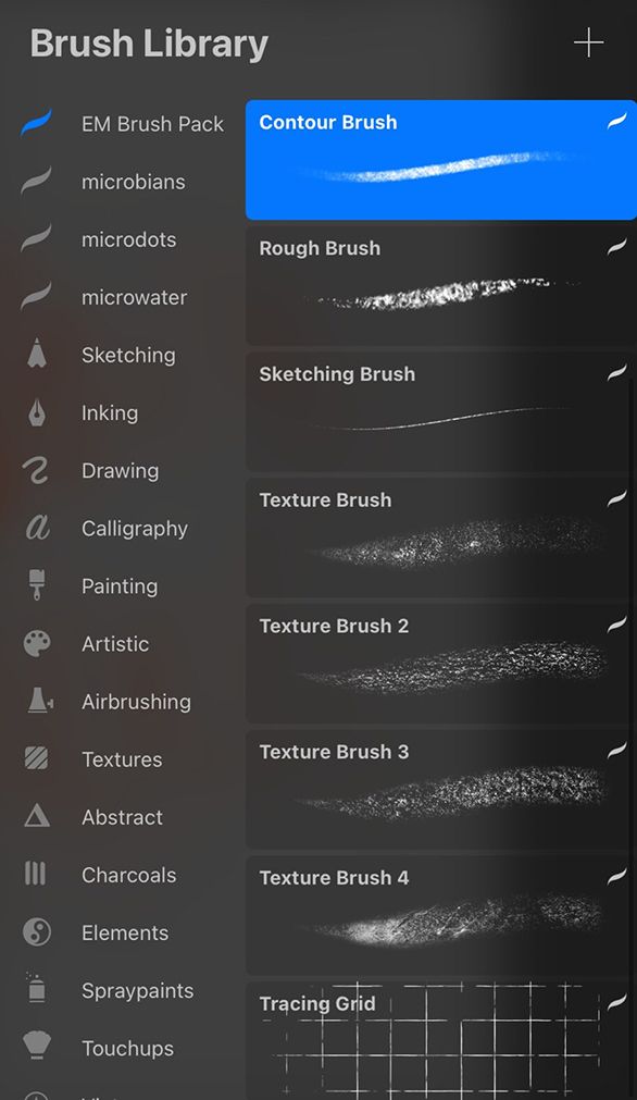 Algunos de los pinceles de la descarga para Procreate.