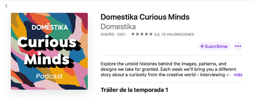 Opción de suscripción en el podcast de Domestika, Curious Mind.