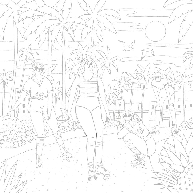 Boceto final. El tema trataba de chicas patinando en Venice Beach, con un aire retro, inspirado en los años 70