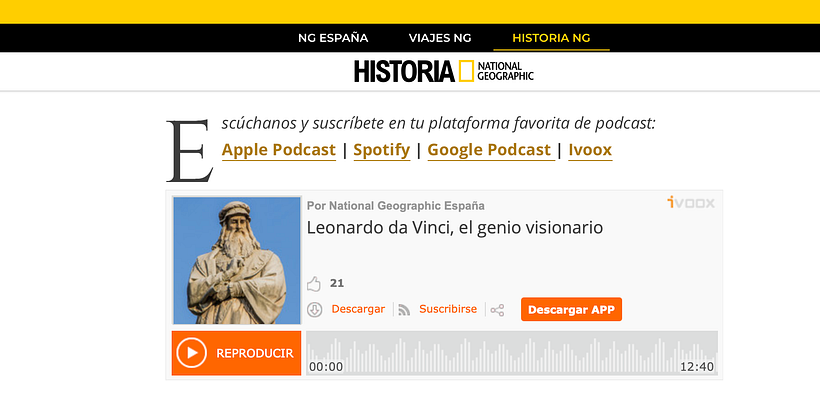 Reproductor del podcast "Curiosidades de la historia" en la página web de National Geographic.