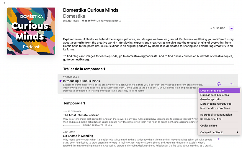 Opción de descarga del podcast de Domestika, Curious Mind.