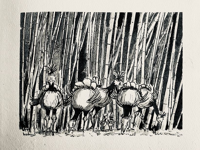 Flock of fun fantasy birds and bamboo