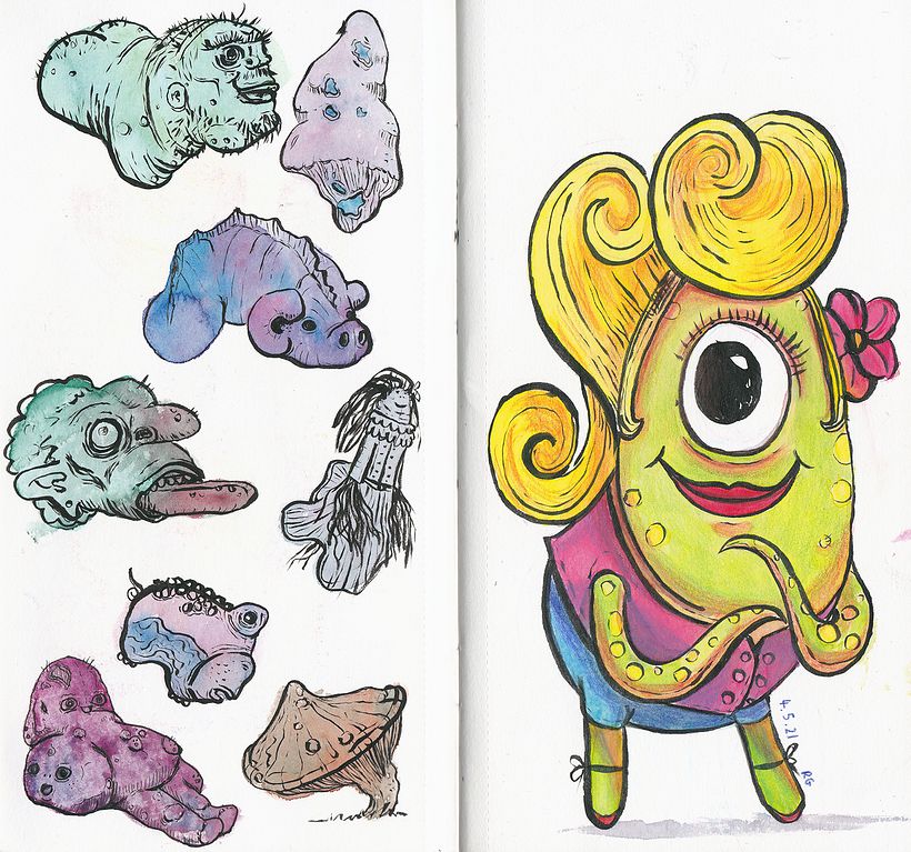 Left: Watercolour blobs. Right: Draw around a scribble. (I got my toddler to do the scribble. She did the cyclops eye...)