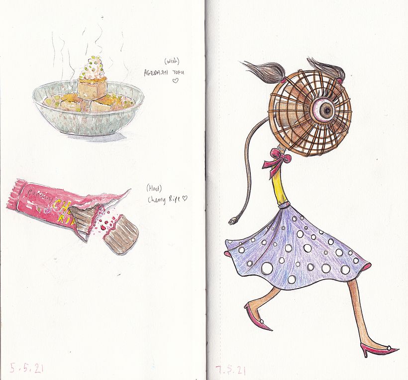 Left: Draw what you want to eat/have eaten. Right: Personify an object. Her name is Fanny...