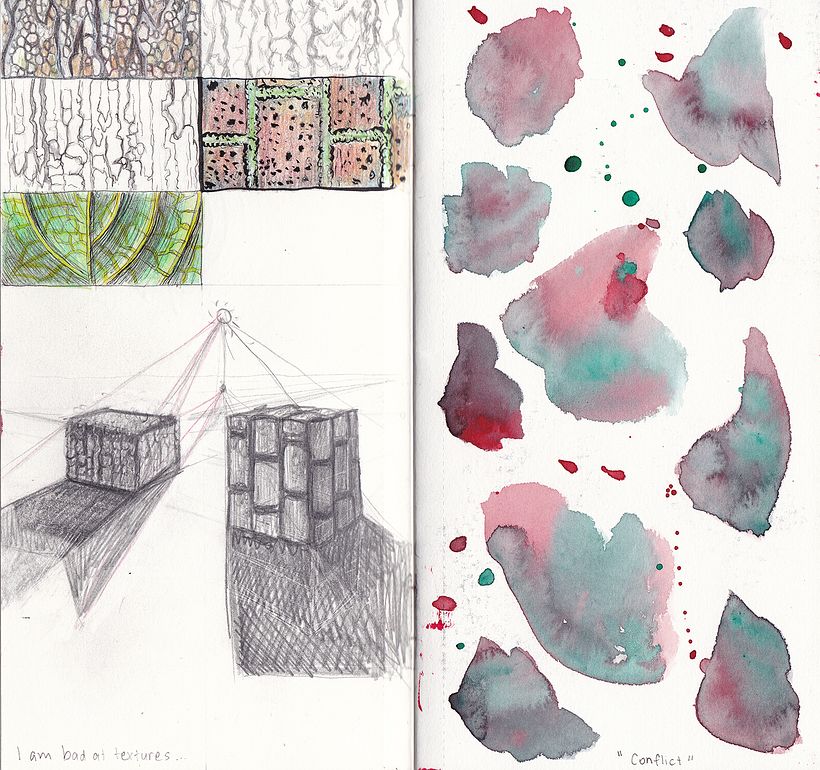 Left: I'm really bad at textures and perspective... Right: Abstract shapes. "Conflict".