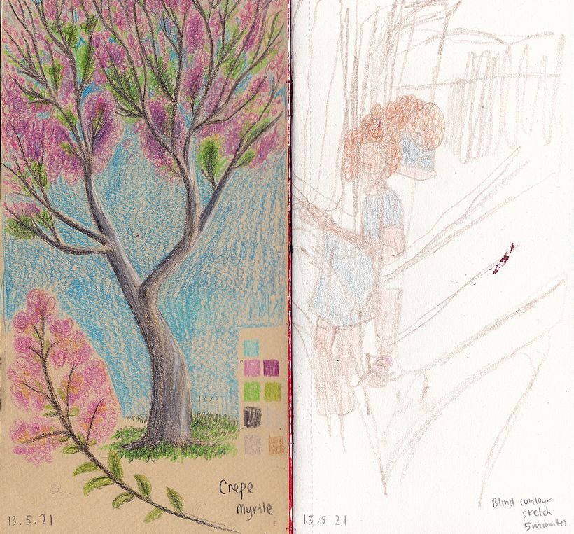 Left: A poor tree study. Right: Blind contour drawing. Kinda fun!