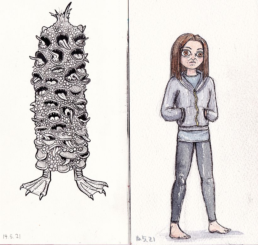 Left: Banksia pod duck monster? Turn a thing into a thing? I can't remember.. Right: Self-portrait.