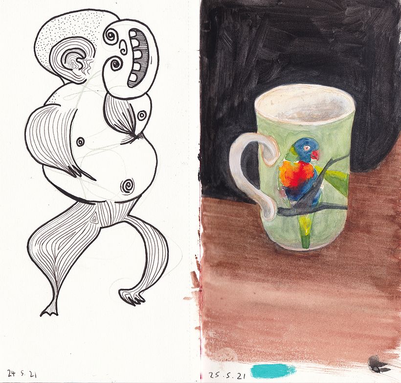 Left: Scribble picture. Right: Was giving realism a go, with watercolour and gouache. It's hard.