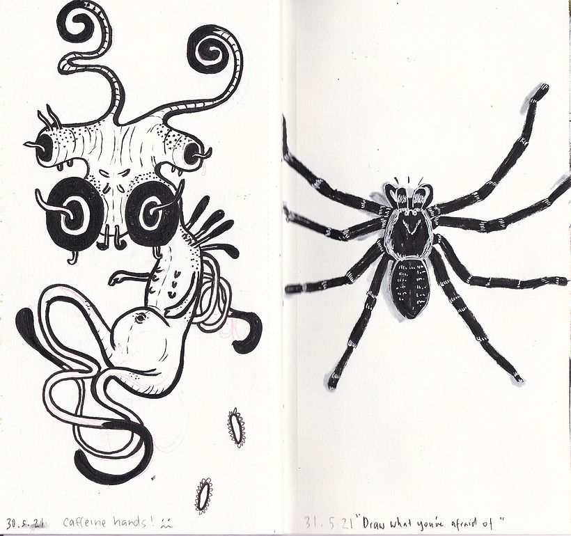 Left: Another scribble picture. Right: I'm terrified of Huntsman spiders. Very quick sketch.