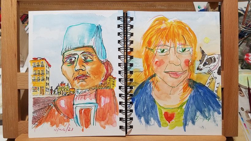 More Portraits w Colored Pencil Sketches and Watercolor, Using Background Subject Size Differences