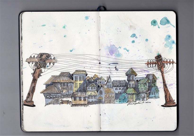 "Baryo" means Town Pen, Ink and water color by Vanessa David
